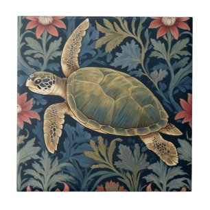 Sea Turtle William Morris style Hawaiian Tropical Tile