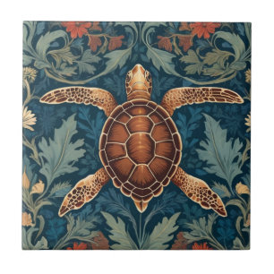 Sea Turtle William Morris style Ocean Life Floral Tile