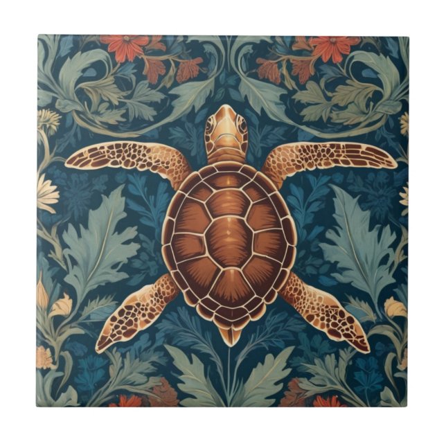 Sea Turtle William Morris style Ocean Life Floral Tile (Front)