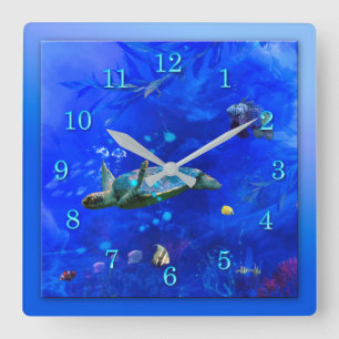 Sea Turtle WIND ON THE WATER Square Wall Clock