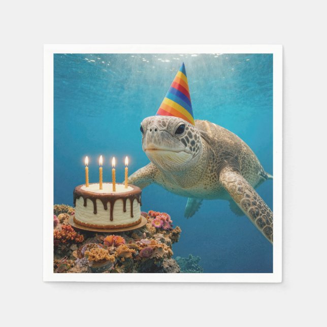 Sea Turtle with Birthday Cake Napkin (Front)