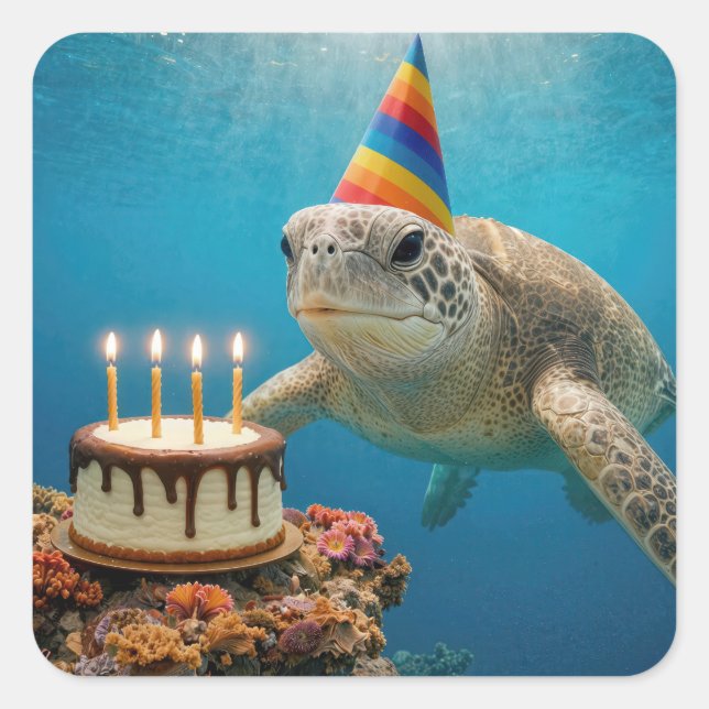 Sea Turtle with Birthday Cake Square Sticker (Front)