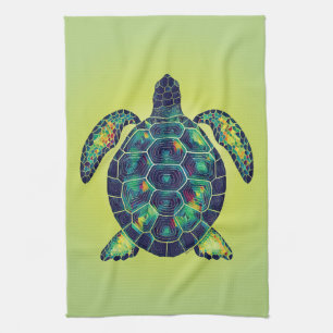 Sea Turtle With Green Gradient Background Tea Towel