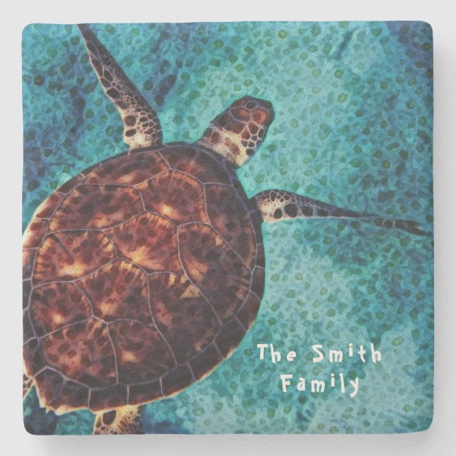 Sea Turtle with your family name Stone Coaster (Front)