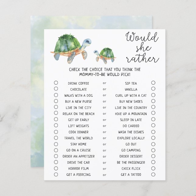 Sea turtle - Would She Rather Baby Shower Game (Front/Back)