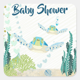 Sea Turtles and Hearts Beach Baby Shower Square Sticker
