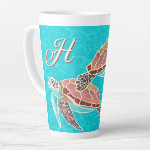 Sea Turtles Aqua Monogram Illustrated Latte Mug
