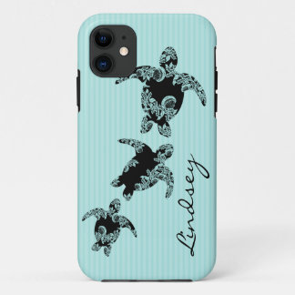 Sea Turtles Aqua Stripe with Name iPhone 11 Case