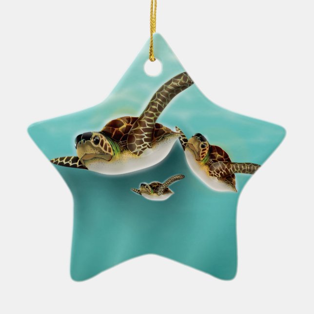 Sea Turtles art print. Ceramic Tree Decoration (Front)