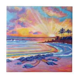 Sea Turtles at Poipu Beach Sunset Tile