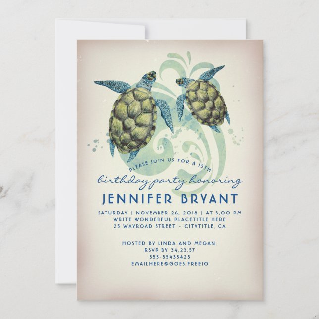 Sea Turtles Beach Tropical Birthday Party Invitation (Front)