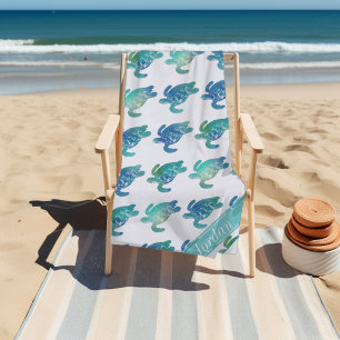 Sea Turtles Blue Green Personalised Beach Towel