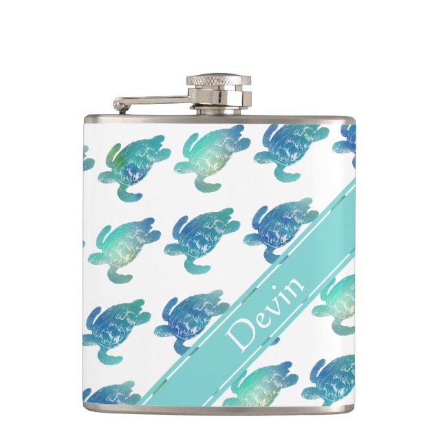 Sea Turtles Blue Green Personalised Flask (Front)