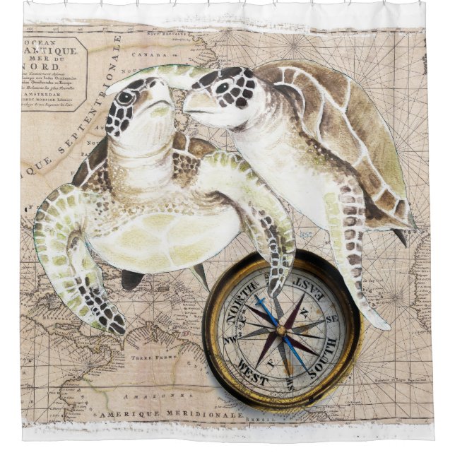 Sea Turtles Compass Map Shower Curtain (Front)
