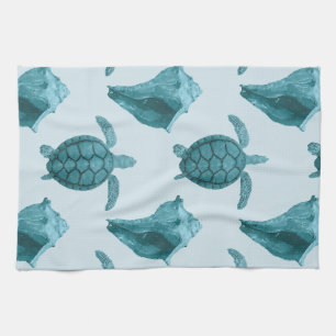 Sea Turtles & Conch in Aqua/Blue Tones Tea Towel