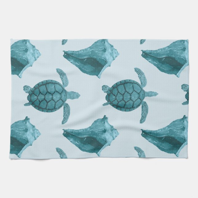 Sea Turtles & Conch in Aqua/Blue Tones Tea Towel (Horizontal)