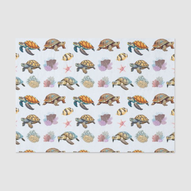 Sea Turtles, Coral Fish Marine Life Blue  Tissue Paper (Front)