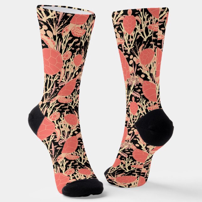 Sea Turtles Coral Reef Marine Wildlife Black Socks (Angled)