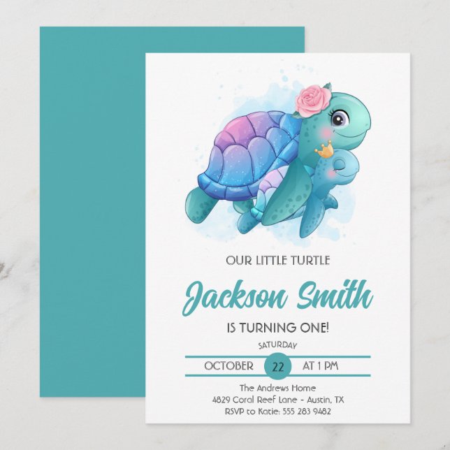 Sea Turtles Cute Kids Birthday Party  Invitation (Front/Back)