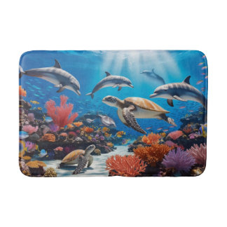 Sea Turtles & Dolphins in Colourful Coral Garden Bath Mat