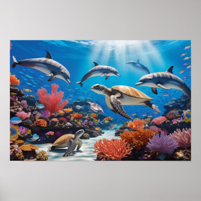 Sea Turtles & Dolphins in Colourful Coral Garden Poster (Front)