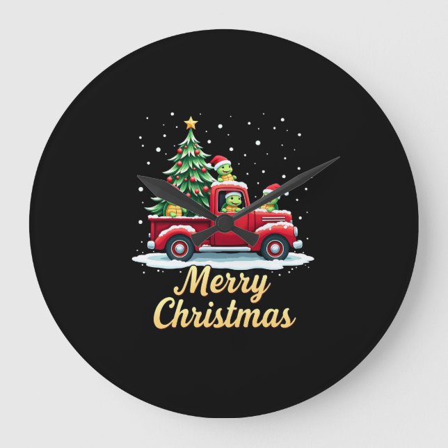 Sea Turtles Driving Christmas Tree Truck Turtle Ch Large Clock (Front)