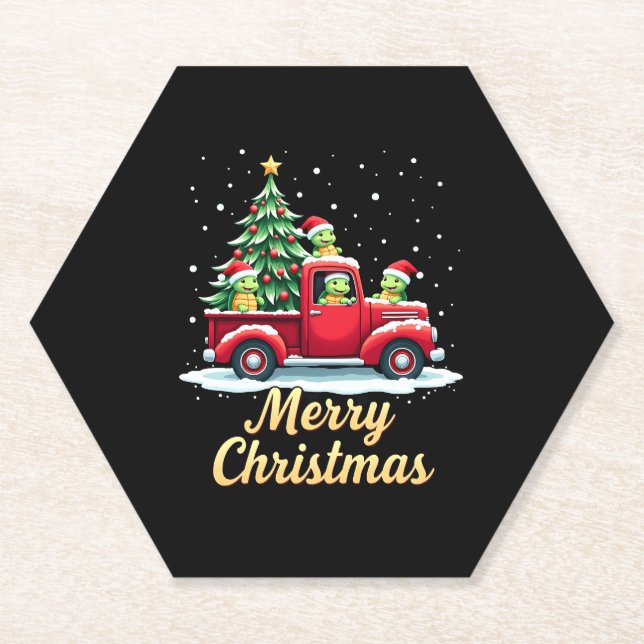Sea Turtles Driving Christmas Tree Truck Turtle Ch Paper Coaster (Front)
