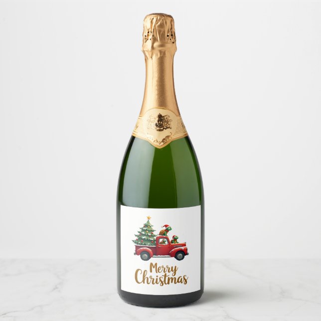 Sea Turtles Driving Christmas Tree Truck Turtle Ch Sparkling Wine Label (Front)