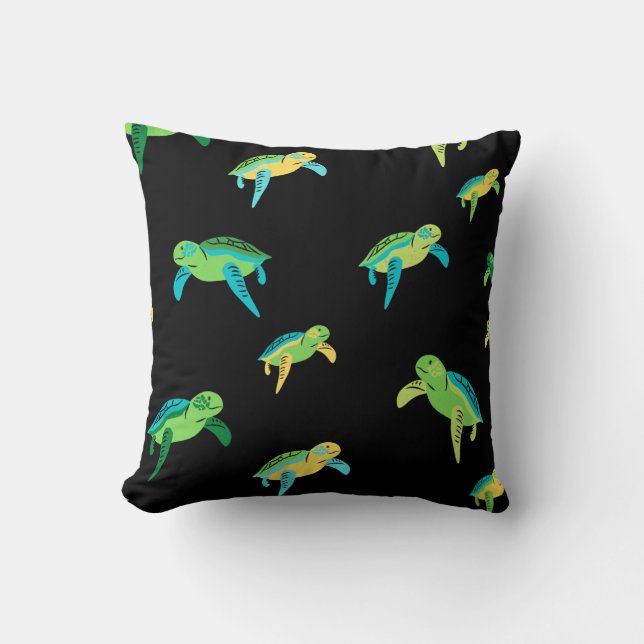 Sea Turtles Green Teal Blue Yellow Black Pattern Cushion (Front)