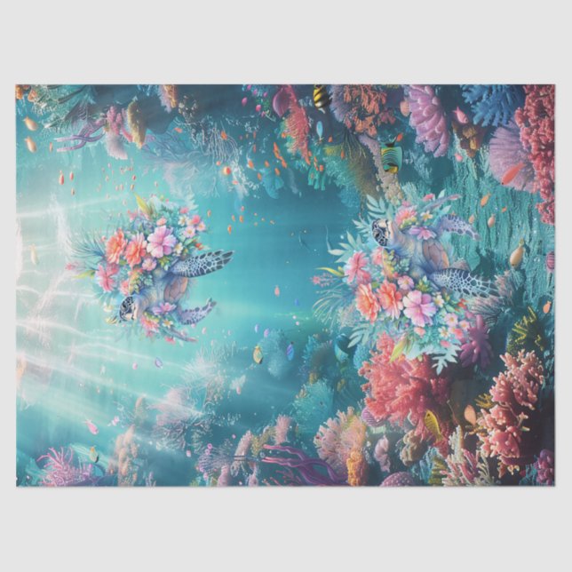 Sea Turtles In Beautiful Scenic Ocean Decoupage Tissue Paper (Front)