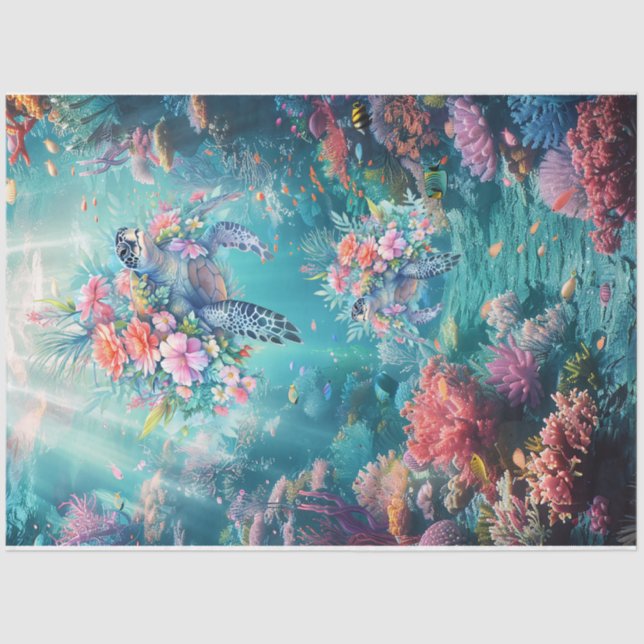 Sea Turtles In Beautiful Scenic Ocean Decoupage Tissue Paper (Front)