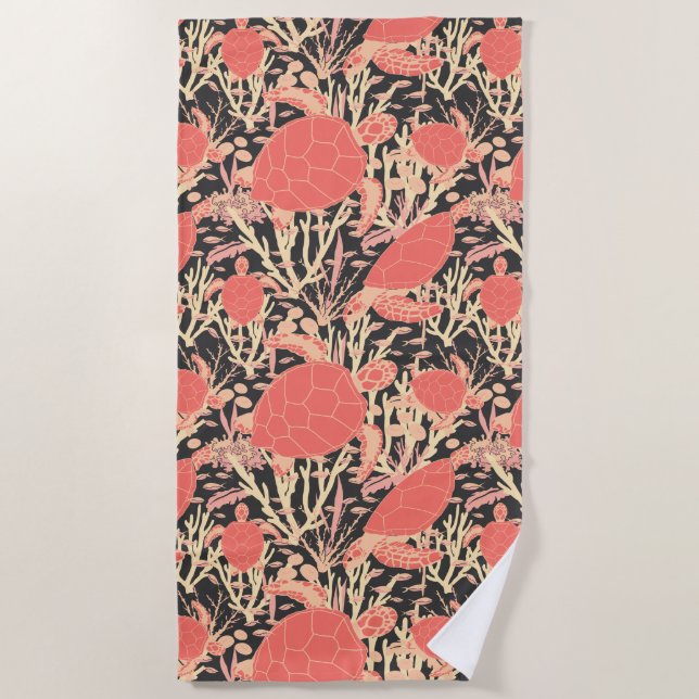 Sea Turtles in Coral Reef Ocean Pattern Beach Towel (Front)