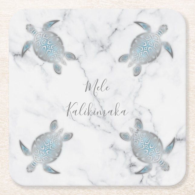 Sea Turtles Marble | Mele Kalikimaka  | Christmas  Square Paper Coaster (Front)