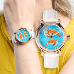 Sea Turtles Marine Life Blue Water Watch<br><div class="desc">Bold and bright sea turtle watch face with band colour options.  Made here as a kid's watch,  but this illustrated,  two turtle design,  set over aquamarine sea water,  looks good on a women's or men's watch as well.</div>