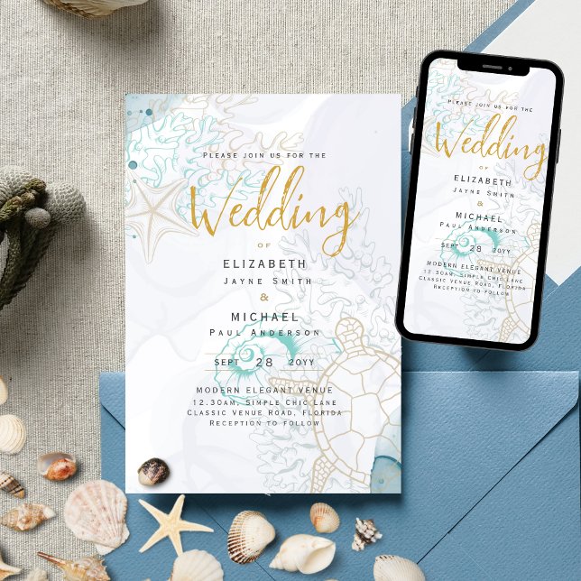 Sea Turtles Ocean Life Beach Teal Wedding Invitation (Creator Uploaded)