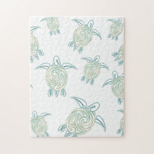 Sea Turtles Pattern White Green Jigsaw Puzzle