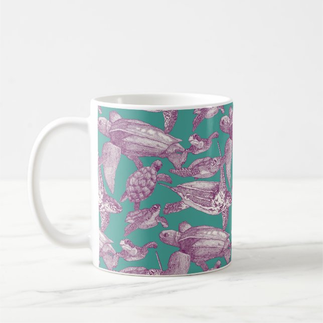 sea turtles purple turquoise coffee mug (Left)