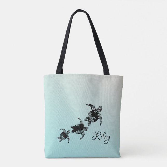 Sea Turtles Silhouette with Name Tote Bag (Back)