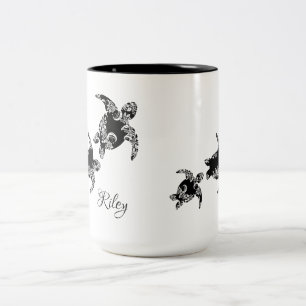 Sea Turtles silhouette with Name Two-Tone Coffee Mug