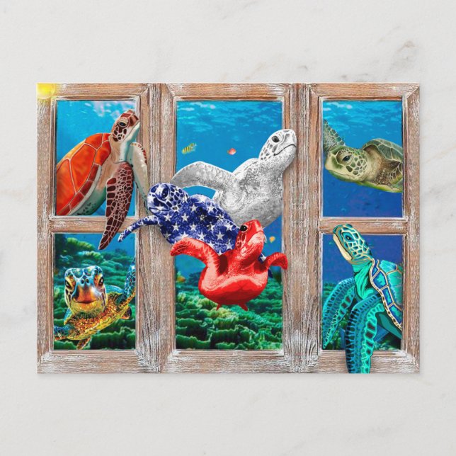Sea Turtles Swimming Into The Door Decoration Idea Postcard (Front)