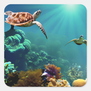 Sea Turtles Swimming Underwater Square Sticker