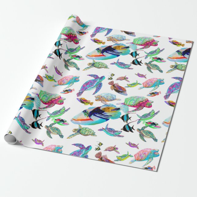 Sea Turtles & Tropical Fish Wrapping Paper (Unrolled)