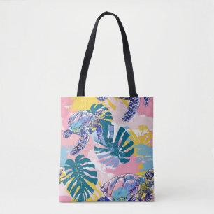Sea Turtles Tropical Leaves Tote Bag