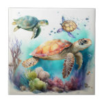 Sea Turtles, Watercolor , Coral Reef Ceramic Tile<br><div class="desc">Immerse yourself in oceanic beauty with this stunning ceramic tile featuring watercolor sea turtles, coral, and aquatic plants on a white background. This artistic creation with delicate details will add a soothing, elegant coastal touch to your interior. Perfect for sea and nature lovers!</div>