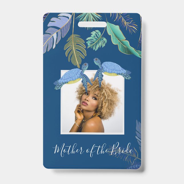 Sea Turtles Wedding Blue Yellow ID Badge (Front)