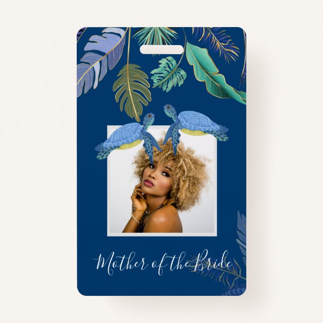 Sea Turtles Wedding Blue Yellow ID Badge (Front)