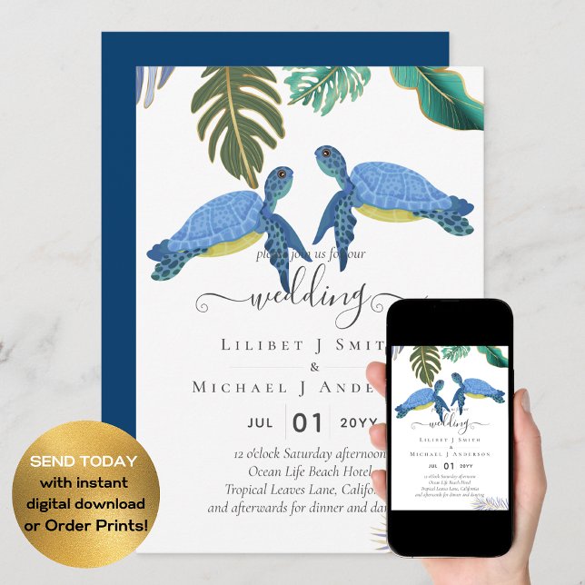 Sea Turtles Wedding Blue Yellow Invitation (Creator Uploaded)