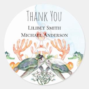 Sea Turtles Wedding Featuring Bride and Groom Classic Round Sticker