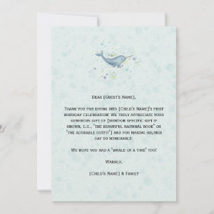 "Sea Unicorn" Narwhal birthday Thank You Card
