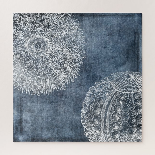 Sea Urchin Watercolor Ocean Navy Blue White Jigsaw Puzzle (Vertical)